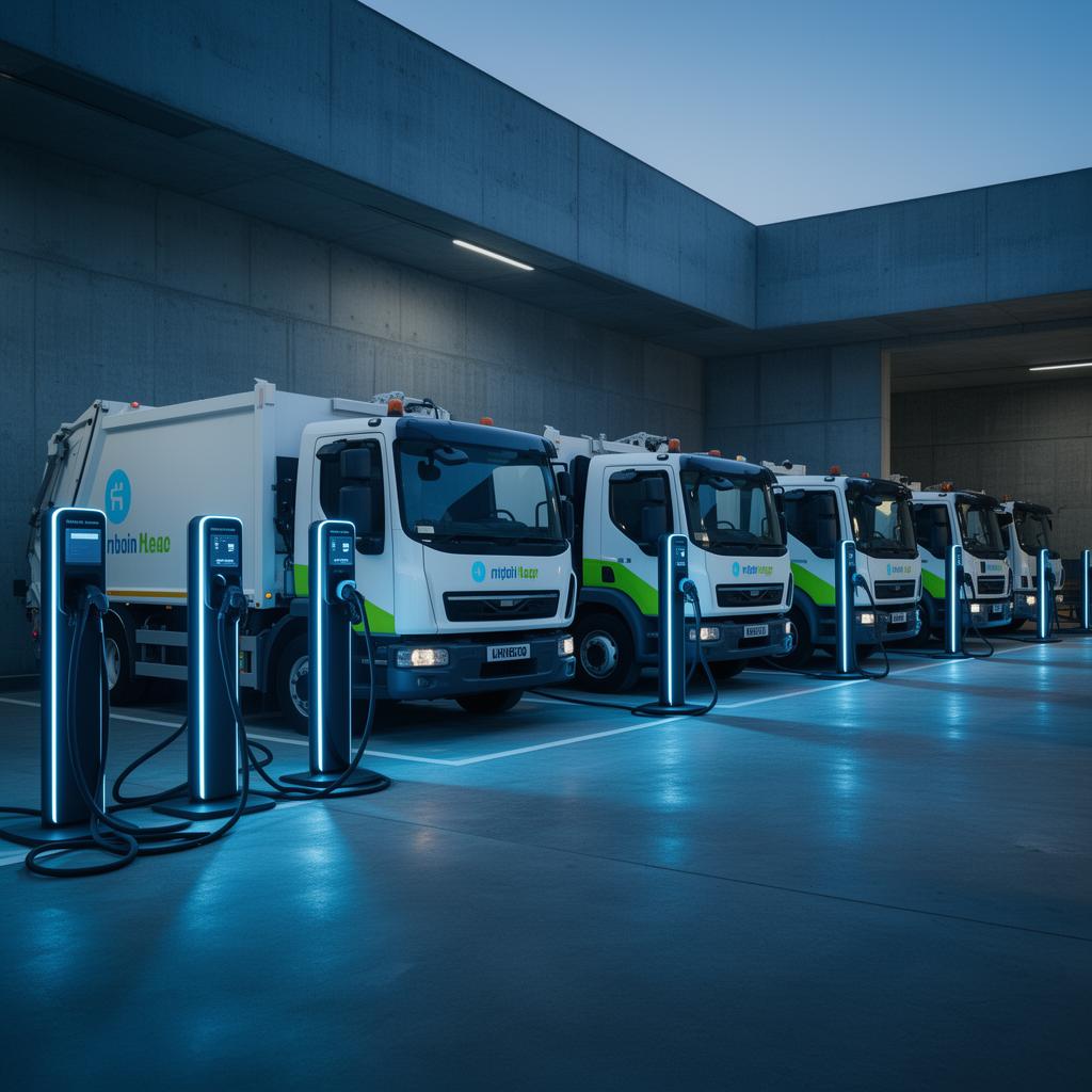 Electric refuse collection fleet at an Islington Council depot connected to smart chargers